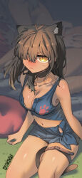 1girl :&lt; animal_ears artist_name bare_shoulders between_legs black_hair blue_shirt blush breasts cat_ears cat_tail cleavage collarbone commentary_request ergot hair_over_one_eye medium_hair navel original paid_reward_available shirt shorts sitting tail tail_between_legs thighs yellow_eyes