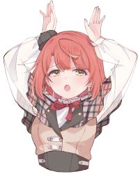 Rule 34 | 1girl, blush, brown jacket, capelet, commentary, furrowed brow, grey hat, hat, highres, jacket, long sleeves, looking at viewer, love live!, love live! nijigasaki high school idol club, medium hair, mini hat, notyu maru, open mouth, pink hair, plaid capelet, plaid clothes, rabbit pose, see-through clothes, see-through sleeves, solo, swept bangs, tilted headwear, uehara ayumu, upper body, walking dream, white background, yellow eyes