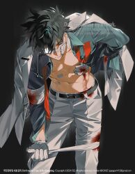 1boy bandaged_arm bandages belt black_background black_belt black_hair black_shirt blood bloody_bandages blue_eyes collared_shirt commentary cowboy_shot formal_clothes gloves injury jacket kaitou_kid kidkuroba4869 leaning_forward long_sleeves magic_kaito male_focus meitantei_conan monocle navel necktie open_clothes open_shirt pants pectorals red_necktie shirt short_hair solo suit symbol-only_commentary unbuttoned unbuttoned_shirt watermark white_gloves white_jacket white_pants white_suit