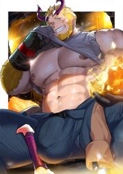 1boy absol_(dkqthf) arm_hair bara beak beard bird black_pants blonde_hair bottle braid bulge clothes_grab commentary_request copyright_request elbow_gloves facial_hair gloves gold_bar green_eyes horns jersey_devil_(housamo) multicolored_hair nipples pants pointy_ears shirt shirt_grab shirt_partially_removed single_braid sleeveless sleeveless_shirt smile sweat tokyo_houkago_summoners white_hair