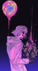 1boy aotsuki_eito black_background black_gloves blood blood_from_mouth blood_on_face bloody_tears blue_background gloves gradient_background highres jacket long_sleeves male_focus open_mouth parted_hair pink_hair pink_jacket simple_background solo solo_focus the_hundred_line_-last_defense_academy-