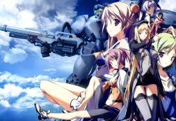 6+girls absurdres baldr_sky bell black_eyes black_hair blonde_hair blue_eyes breasts cleavage cloud day green_hair gun hat highres huge_filesize kagerou_(baldr_sky) kikuchi_seiji kirishima_rain light_purple_hair mecha medium_breasts midriff minaduki_makoto minazuki_makoto minazuki_sora multiple_girls nagisa_chinatsu necktie nishino_aki panties pantyshot pink_hair purple_eyes robot shoes sky smile sneakers thighhighs underwear wakakusa_nanoha weapon white_panties zettai_ryouiki