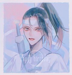 Rule 34 | 1boy, asymmetrical bangs, black hair, blue background, blue eyes, border, chinese clothes, dated, eyelashes, hanfu, happy birthday, headband, high ponytail, highres, jian (weapon), lan jingyi, long hair, looking at viewer, male focus, modao zushi, ojisan rbt, outside border, parted lips, ponytail, portrait, sheath, sheathed, smile, solo, sword, sword on back, teeth, twitter username, upper body, weapon, weapon on back, white border, white hanfu, white headband, xiao guan (headdress)