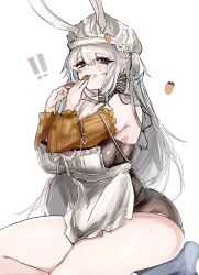 ! !! 1girl animal_ears apron arknights black_eyes breasts brown_sleeves detached_sleeves grey_hair hat highres large_breasts long_hair official_alternate_costume rabbit_ears rabbit_girl renka_(renxka) savage_(arknights) savage_(secret_family_recipe)_(arknights) simple_background solo thick_thighs thighs white_apron white_background white_hat