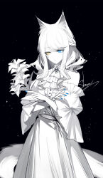 1girl animal_ears artist_name ascot black_background blue_eyes blue_nails cat_ears cowboy_shot crossed_arms dress heterochromia highres limited_palette nail_polish off-shoulder_dress off_shoulder original puffy_short_sleeves puffy_sleeves sheya short_sleeves signature simple_background solo spot_color standing yellow_eyes