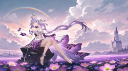 1girl absurdres asymmetrical_gloves barefoot black_tiara bug butterfly castorice_(honkai:_star_rail) chinese_commentary cloud commentary_request elbow_gloves feet field flower flower_field flower_ornament gloves hair_flower hair_ornament highres honkai:_star_rail honkai_(series) insect long_hair pointy_ears purple_gloves purple_sky rainbow sitting sky solo tiara toes uneven_gloves yutian_alice