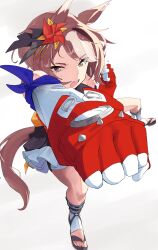 1girl absurdres animal_ears blue_ribbon brown_eyes brown_hair elbow_gloves fingerless_gloves foreshortening fuse_gomame gloves highres horse_ears horse_girl horse_tail martial_arts multicolored_hair pinwheel_hair_ornament pleated_skirt punching red_gloves ribbon sandals short_hair skirt solo sweat tail toeless_socks two-tone_hair umamusume yaeno_muteki_(umamusume)