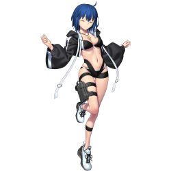 1girl ahoge bikini black_bikini black_jacket blue_hair breasts c.i.e.l_(fate) ciel_(tsukihime) cleavage closed_eyes cropped_jacket cross cross_necklace fate/grand_order fate_(series) full_body game_cg highres jacket jewelry large_breasts latin_cross long_sleeves necklace o-ring_strap official_art open_clothes open_jacket pouch puffy_sleeves short_hair smile solo standing standing_on_one_leg swimsuit tachi-e takeuchi_takashi thigh_pouch thigh_strap third-party_source transparent_background white_sneakers
