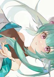 1girl bad_id bad_twitter_id black_bodysuit bodysuit breasts chunbuchou cleavage_cutout clothing_cutout crown crying double_bun finana_ryugu finana_ryugu_(2nd_costume) fins fish_girl flower green_hair hair_bun hair_flower hair_ornament halterneck head_fins highres japanese_clothes kimono long_hair looking_at_viewer nijisanji nijisanji_en off_shoulder official_alternate_costume purple_eyes purple_flower small_breasts solo tiara twintails virtual_youtuber white_background white_kimono wind