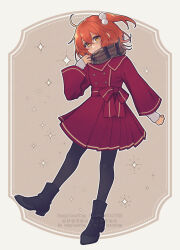 1girl ahoge coat fate/grand_order fate_(series) fujimaru_ritsuka_(female) full_body grey_pantyhose hair_between_eyes hair_bobbles hair_ornament one_side_up orange_eyes orange_hair pantyhose red_coat scarf solo sparkle winter_clothes zanshi
