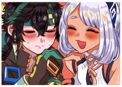 1boy 1girl arm_markings bare_shoulders bikini black_gloves black_hair black_shirt blue_hairband blunt_bangs blush body_markings border bracer cocotsuko1204 couple crossed_bangs dark-skinned_female dark_skin embarrassed eyelashes fingerless_gloves genshin_impact gloves green_hair green_headband hair_between_eyes hairband headband heads_together heart heart_hands heart_hands_duo hetero highres kinich_(genshin_impact) mualani_(genshin_impact) multicolored_hair open_mouth parted_bangs red_background shirt short_eyebrows short_hair sidelocks spiked_ear_piercing streaked_hair sweat swimsuit tan tanline white_bikini white_border white_gloves white_hair zipper