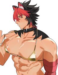 1boy abs animal_ears bandaged_arm bandages bara bikini black_choker blush choker dog_boy ear_piercing gold_bra highres komano_manato large_pectorals male_focus micro_bikini multicolored_hair multiple_scars muscular muscular_male nipples pectorals piercing red_eyes scar scar_on_face short_hair solo swimsuit upper_body yellow_bikini zenless_zone_zero