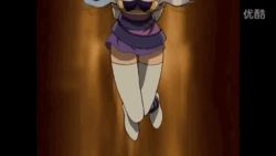 1girl animated animated_gif anime_screenshot bare_shoulders bdsm bondage bound breasts celine_jules cleavage dress gag gagged lowres miniskirt purple_dress purple_hair skirt star_ocean star_ocean_ex star_ocean_the_second_story thighhighs white_thighhighs
