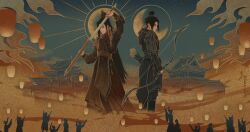 2boys architecture arm_armor armor arms_up arrow_(projectile) artist_name black_eyes black_hair blue_tunic boots bow_(weapon) building chinese_clothes color_contrast crescent_moon east_asian_architecture feng_xin fire floating floating_lights frown green_sky hair_bun hair_ribbon halo hanfu high_ponytail highres holding holding_bow_(weapon) holding_sword holding_weapon huaepiphany jian_(weapon) lantern lantern_festival light_rays limited_palette long_hair looking_down male_focus medium_hair moon mu_qing_(tianguan_cifu) multiple_boys night night_sky orange_clouds orange_sky outdoors palace paper_lantern people ponytail quiver red_hanfu red_robe ribbon robe scabbard sheath shoulder_armor silhouette single_hair_bun sky sky_lantern standing star_(sky) starry_sky sun sun_halo sunbeam sunlight sword tassel tianguan_cifu topknot tunic unsheathing v-shaped_eyebrows very_long_hair weapon wuxia xiao_guan_(headdress)