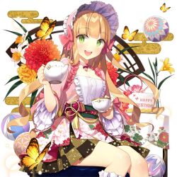 1girl blonde_hair blunt_bangs box cup flower frilled_sleeves frills gift gift_box green_eyes holding holding_cup japanese_clothes lina_princella lolita_fashion long_hair marimo salt_(salty) sitting uchi_no_hime-sama_ga_ichiban_kawaii very_long_hair wa_lolita
