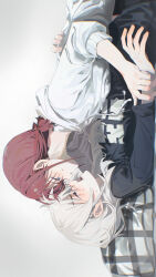 2girls absurdres black_shirt blue_eyes blush commentary girls_band_cry gradient_background grey_eyes grey_hair hand_on_another&#039;s_waist highres hood hoodie iseri_nina kawaragi_momoka long_hair lying_on_person multicolored_hair multiple_girls open_mouth red_hair roots_(hair) shirt short_twintails sweat twintails white_background white_hoodie ydpfa yuri