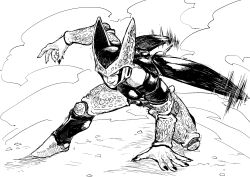 1boy absurdres arm_up battle cell_(dragon_ball) dragon_ball dragonball_z fighting_stance full_body greyscale hand_on_ground highres kneeling light_particles looking_afar male_focus monochrome obata2nd parted_lips pectorals perfect_cell smile smug solo spots wings
