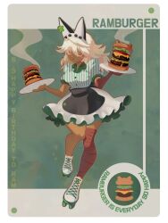 1girl :&gt; absurdres animal_ear_hairband animal_ears apron asymmetrical_legwear bandaged_arm bandaged_leg bandages black_apron blush_stickers burger cat_ear_hairband cat_ears clover collared_shirt dark-skinned_female dark_skin dress_shirt english_text eyebrows_hidden_by_hair fake_animal_ears food four-leaf_clover green_background green_shirt guilty_gear hair_between_eyes hairband happy_birthday highres holding holding_plate lampopo leg_up logo long_hair looking_at_viewer medium_skirt plate poster_(medium) puffy_short_sleeves puffy_sleeves ramlethal_valentine roller_skates shirt short_sleeves skates skating skirt smile standing standing_on_one_leg steaming_food striped_clothes striped_shirt vertical-striped_clothes vertical-striped_shirt waitress white_hair white_shirt white_skirt yellow_eyes
