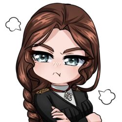 1girl blue_eyes braid breasts brown_hair chokha cross_pendant crossed_arms epaulettes gazyr jewelry korzynka_persykiv levchenko_ahapiia_oleksandrivna long_hair looking_to_the_side military military_uniform mole mole_under_eye necklace non-web_source original pendant pout shiny_eyes small_breasts solo transparent_background white_undershirt
