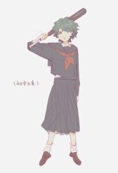 Rule 34 | 1girl, baseball bat, black shirt, black skirt, brown shoes, chinese commentary, chinese text, commentary request, delinquent, full body, green eyes, green hair, highres, holding, holding baseball bat, isoi rai, long skirt, long sleeves, neckerchief, open mouth, pleated skirt, red neckerchief, saibou shinkyoku, sailor collar, sailor shirt, shirt, shoes, short hair, simple background, skirt, socks, solo, sukeban, tokiki (lsqmsukiki), translation request, white background, white socks