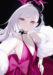absurdres blue_archive breasts collarbone dress earrings flower fur_shawl hair_flower hair_ornament halo hand_on_own_hip highres jewelry long_hair mutsuki_(blue_archive) mutsuki_(dress)_(blue_archive) official_alternate_costume pearl_earrings pointy_ears red_dress red_eyes red_halo shawl side_ponytail sleeveless sleeveless_dress small_breasts smile white_fur white_hair wo_chi_xiangjiao_pi