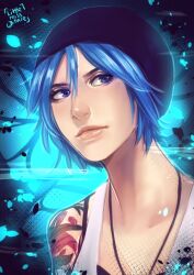 1girl artist_name beanie black_hat blue_eyes blue_hair chloe_price hat jewelry life_is_strange_(series) life_is_strange_1 little-miss-boxie looking_to_the_side necklace portrait short_hair shoulder_tattoo solo tank_top tattoo white_tank_top