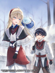 1boy 1girl :d bare_tree black_capelet black_gloves black_hair blue_cloak blue_eyes blue_sky blurry blurry_background brown_hair brown_pants capelet cloak commentary_request copyright_request day depth_of_field fringe_trim fur-trimmed_cloak fur-trimmed_gloves fur_trim gloves grey_eyes long_hair long_sleeves midorikawa_you open_mouth outdoors pants puffy_long_sleeves puffy_sleeves shirt skirt sky smile tree very_long_hair white_shirt white_skirt