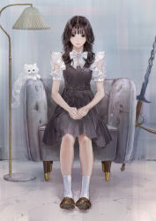 1girl absurdres armchair black_eyes black_hair bow bowtie brown_shoes cat chair clothing_cutout commentary_request dress expressionless full_body grey_dress highres kishida_mel lamp loafers long_hair looking_at_viewer original own_hands_together pleated_dress shoes short_sleeves shoulder_cutout sitting socks straight-on sword weapon white_bow white_bowtie white_cat white_socks