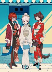 3girls :p adjusting_eyewear ange_katrina ange_katrina_(new_year) animal animal_ears animal_on_shoulder animal_print aqua_bag bag bird bird_on_shoulder bird_print black_bag black_kimono black_nails black_sandals black_sash black_shoes blue-tinted_eyewear blue_bag blue_eyes blue_hair boots bow brown_boots brown_bow brown_hair brown_sash brown_tail closed_mouth clothed_animal coat commentary contrapposto crossed_bangs dog_ears dog_girl dog_tail floral_print floral_print_kimono frilled_kimono frilled_sleeves frills gradient-tinted_eyewear grey-framed_eyewear grin hair_bow hair_bun hair_intakes hair_ornament hand_on_own_shoulder hand_up handbag haruwo heterochromia high_heel_boots high_heels highres holding holding_bag inui_toko inui_toko_(4th_costume) japanese_clothes kimono lace-trimmed_sash lize_helesta lize_helesta_(6th_costume) long_sleeves looking_at_viewer medium_hair monocle multicolored_hair multicolored_sash multiple_girls nail_polish nijisanji obi obiage obidome obijime open_clothes open_coat orange_sash outdoors own_hands_together print_kimono print_sash purple-tinted_eyewear purple_eyes red_coat red_eyes red_hair red_kimono red_nails red_sash round_eyewear sanbaka_(nijisanji) sandals sash sebastian_piyodore shoes side-by-side single_sidelock smile socks standing streaked_hair tabi tail tassel tinted_eyewear tongue tongue_out two-tone_hair virtual_youtuber white_hair white_kimono white_sash white_socks wolf_cut x_hair_ornament yellow_bird yellow_eyes zouri