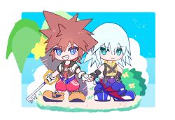 Rule 34 | 2boys, aqua eyes, belt, black belt, black gloves, black jacket, blue belt, blue eyes, blue shoes, blue sky, brown hair, bush, chibi, chibi only, commentary, day, elbow gloves, fingerless gloves, flower, food, fruit, full body, gloves, grass, grey hair, grin, happy, highres, holding, holding weapon, jacket, jumpsuit, keyblade, kingdom hearts, kingdom hearts i, looking at viewer, male focus, medium hair, multiple boys, open clothes, open jacket, outdoors, palm tree, pants, paopu fruit, purple pants, red jumpsuit, riku (kingdom hearts), shoes, short hair, short sleeves, sky, smile, sora (kingdom hearts), sparkle, spiked hair, squidkid528, star (symbol), symbol-only commentary, tree, vest, weapon, white gloves, yellow flower, yellow shoes, yellow vest
