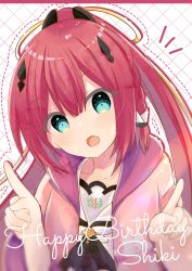 1girl absurdres aqua_eyes ascot black_ascot blunt_bangs blush braid character_name commentary_request double-parted_bangs fang hair_ornament hair_ribbon hairclip hands_up happy happy_birthday highres index_fingers_raised kamiyama_shiki long_hair looking_at_viewer notice_lines open_mouth outline ponytail red_hair red_outline ribbon sailor_collar school_uniform serafuku side_braid sidelocks signature simple_background skin_fang smile solo summer_pockets summer_pockets_school_uniform upper_body ura_(ura-tennislove) white_background white_sailor_collar yellow_ribbon