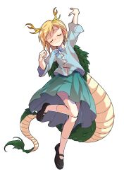 1girl alphes_(style) antlers aqua_skirt arm_up black_shoes blonde_hair blue_bow blue_shirt blush bow closed_eyes closed_mouth collarbone commentary_request dairi dragon_girl dragon_tail facing_viewer fighting_stance full_body highres horns kicchou_yachie large_variant_set mary_janes medium_skirt parody shirt shoes short_hair skirt smile socks solo standing standing_on_one_leg style_parody tachi-e tail touhou transparent_background turtle_shell variant_set white_socks