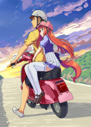 1boy 1girl bow brown_footwear ear_covers ears_through_headwear frilled_skirt frills from_behind green_eyes helmet highres hime_cut horse_girl horse_tail loafers long_hair looking_to_the_side motor_vehicle motorcycle motorcycle_helmet orange_hair pleated_skirt purple_bow purple_serafuku purple_shirt sailor_collar sailor_shirt school_uniform scooter serafuku shirt shoes silence_suzuka_(umamusume) skirt t-shirt tail team_spica&#039;s_trainer thighhighs tracen_school_uniform trainer_(umamusume) ugai_yuichi umamusume vespa white_footwear white_skirt white_thighhighs yellow_shirt