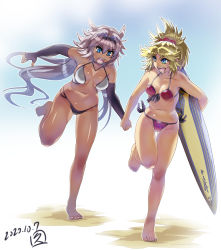 2girls :d bad_feet barefoot bikini blonde_hair blue_eyes breasts caenis_(fate) carrying carrying_under_arm dark-skinned_female dark_skin dated elbow_gloves artistic_error fate/grand_order fate_(series) fingerless_gloves gloves hisahiko holding_hands long_hair looking_at_another medium_breasts mordred_(fate) mordred_(fate/apocrypha) mordred_(swimsuit_rider)_(first_ascension)_(fate) multiple_girls navel open_mouth pink_hair red_bikini revision running shiny_skin short_hair side-tie_bikini_bottom smile surfboard swimsuit tan teeth toes white_bikini wrong_foot