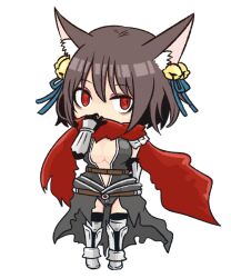 1girl animal_ears armor armored_boots assassin_cross_(ragnarok_online) bell black_cape black_gloves black_leotard black_thighhighs blue_ribbon boots breasts brown_hair cape chibi chibi_only cleavage commentary_request elbow_gloves fox_ears fox_girl full_body gloves hair_bell hair_ornament hair_ribbon jingle_bell large_breasts leotard looking_at_viewer pauldrons pochiko_(poteko) ragnarok_online red_eyes red_scarf revealing_clothes ribbon scarf short_hair shoulder_armor simple_background solo standing thighhighs torn_cape torn_clothes torn_scarf vambraces waist_cape