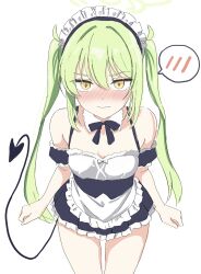 1girl apron black_dress blue_archive blush breasts commentary_request demon_girl demon_tail dress green_hair highres kamitosayu long_hair looking_at_viewer maid maid_apron maid_headdress nozomi_(blue_archive) simple_background small_breasts solo spoken_blush tail thighs twintails very_long_hair white_background yellow_eyes