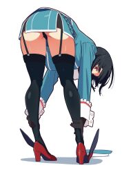 1girl ass beret black_gloves black_hair black_panties black_thighhighs blush breasts commentary garter_straps gloves hat high_heels highres jacket kamotsu kantai_collection large_breasts looking_at_viewer looking_back military military_uniform panties red_eyes red_shoes shoes short_hair skirt solo symbol-only_commentary takao_(kancolle) thighhighs underwear white_background