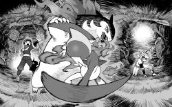 action arm_blade arms_up battle beni_(pokemon) black_hair black_shirt breath_weapon breathing_fire cave clenched_hand fighting fire gallade gen_4_pokemon grey_jacket grey_pants greyscale hand_on_ground hat helmet highres hisuian_typhlosion holding jacket legs_apart loose_socks mask monochrome mouth_mask ninja ninja_mask nintendo otosama pants pokemon pokemon_(creature) pokemon_battle pokemon_legends:_arceus rei_(pokemon) scarf shirt shoes short_hair socks weapon