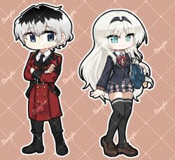 1boy 1girl alternate_costume an-94_(girls&#039;_frontline) bag black_hair black_necktie black_pants black_thighhighs blonde_hair blue_bag blue_eyes blue_jacket boots brown_sweater closed_mouth coat commander_(girls&#039;_frontline) commission crossed_arms full_body girls&#039;_frontline griffin_&amp;_kryuger_military_uniform hairband holding holding_bag jacket loafers madcore neck_ribbon necktie pants parted_lips plaid_clothes plaid_skirt pleated_skirt red_coat red_ribbon ribbon sample_watermark school_uniform shirt shoes skirt smile sweater thighhighs watermark white_hair white_shirt