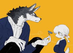 1boy 1girl black_pants blue_eyes blue_jacket blue_shirt braid collared_shirt flower from_side furry furry_female goat_girl heart holding holding_flower horizontal_pupils jacket original pants shirt simple_background single_braid size_difference sweater turtleneck turtleneck_sweater two-tone_fur white_fur white_sweater wolf_boy yellow_background zumi3