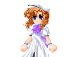 1girl beret black_thighhighs blue_eyes bow bowtie bracelet breasts closed_mouth dress eyes_visible_through_hair game_cg hair_between_eyes hat higurashi_no_naku_koro_ni jewelry large_variant_set light_frown medium_breasts multiple_bracelets no_nose orange_hair parted_bangs purple_bow purple_bowtie ryukishi07 ryuuguu_rena short_hair short_sleeves thighhighs variant_set white_dress white_hat
