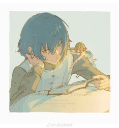 1boy 1girl absurdres blue_hair border gallica_(metaphor:_refantazio) heterochromia highres lee999nine long_sleeves metaphor:_refantazio mini_person minigirl parted_lips pointing protagonist_(metaphor:_refantazio) reading size_difference vest white_border white_vest