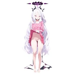 1girl barefoot black_halo black_horns blue_archive blush bottomless cleft_of_venus collarbone commentary demon_girl demon_horns english_commentary feet full_body furrowed_brow gluteal_fold hair_between_eyes halo highres hina_(blue_archive) hina_(pajamas)_(blue_archive) horns loli long_hair long_sleeves looking_at_viewer multiple_horns navel official_alternate_costume pajamas parted_lips pink_pajamas polka_dot polka_dot_pajamas purple_eyes pussy ringed_eyes smewed solo standing thighs toes transparent_background white_hair