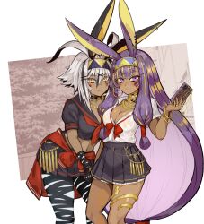 2girls absurdres alternate_costume ancient_egyptian animal_ears ankh antenna_hair black_bandages black_gloves black_hair bow breasts cellphone chain cleavage clothes_around_waist colored_inner_hair dark-skinned_female dark_skin discat earrings facepaint facial_mark fate/grand_order fate_(series) gloves glowing_skin hair_ornament hairband hairclip headband highres hoop_earrings jackal_ears jacket jacket_around_waist jewelry long_hair medium_breasts midriff multicolored_hair multiple_girls navel necklace nitocris_(fate) nitocris_alter_(fate) phone purple_eyes purple_hair red_bow red_nails sailor_collar shirt short_hair sidelocks skirt smartphone streaked_hair thigh_strap very_long_ears white_hair white_shirt yellow_eyes