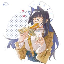 1girl ^_^ black-framed_eyewear black_hair blue_hair boros_(ouro_kronii) brown_jacket caimu6 chinese_commentary closed_eyes colored_inner_hair commentary_request cropped_torso eating floating_hair food food_on_clothes foodgasm glasses hair_intakes halo heart highres holding holding_food hololive hololive_english jacket long_hair multicolored_hair official_alternate_costume open_clothes open_jacket ouro_kronii ouro_kronii_(casual) sandwich semi-rimless_eyewear solo submarine_sandwich sweater turtleneck turtleneck_sweater two-tone_hair under-rim_eyewear very_long_hair virtual_youtuber white_sweater