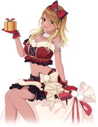 1girl armlet bag belt black_eyes blonde_hair bow box brown_hair dark-skinned_female dark_skin earrings fishnets fur_trim gift gift_box gloves hairband holding idolmaster idolmaster_shiny_colors idolmaster_shiny_colors_song_for_prism izumi_mei jewelry multicolored_hair navel official_art open_mouth sitting skirt solo transparent_background