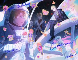 4boys ahoge alien america_(hetalia) angel_wings artist_name axis_powers_hetalia black_jacket black_pants black_shoes black_socks blonde_hair blue_eyes blue_jacket bow bowtie burger buttons character_doll child closed_mouth collared_shirt commentary_request commission cowboy_shot crossed_legs cup doll dress english_text envelope flower food formal_clothes full_body glasses gloves green_eyes green_necktie grey-framed_eyewear halo hand_up happy_birthday heart helmet highres holding holding_envelope holding_flower jacket lapels leaf long_sleeves looking_at_another looking_down male_focus military_jacket military_uniform multiple_boys multiple_persona necktie pants paper pink_flower plate rain rantsuuu red_bow red_bowtie red_flower red_rose red_shirt rose semi-rimless_eyewear shirt shoes short_hair sitting smile socks spacesuit star_(symbol) suit suit_jacket teeth ufo united_kingdom_(hetalia) upper_body wand wet white_dress white_gloves white_pants white_shirt wings
