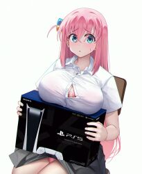 1girl bocchi_the_rock! bra breast_rest breasts button_gap commentary furrowed_brow game_console gotoh_hitori grey_skirt hair_between_eyes highres inkspirate lace lace_bra large_breasts looking_at_viewer panties parted_lips pink_bra pink_panties playstation_5 shirt sitting skirt solo sony taut_clothes taut_shirt underwear upper_body white_shirt