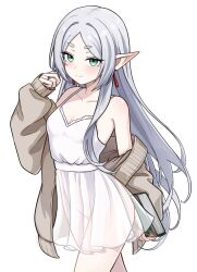 1girl absurdres bare_shoulders blush book breasts brown_jacket cleavage closed_mouth collarbone commentary cowboy_shot dress earrings elf fingernails frieren grey_hair hand_up highres holding holding_book jacket jewelry long_hair looking_at_viewer no_panties off_shoulder open_clothes open_jacket petite pointy_ears ring see-through_clothes simple_background sleeveless sleeveless_dress small_breasts smile solo sousou_no_frieren spaghetti_strap suoniko very_long_hair white_background white_dress