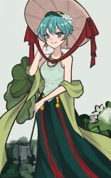 1girl absurdres aqua_eyes aqua_hair code_xiayu earrings flower green_theme hair_flower hair_ornament hat hatsune_miku highres jewelry looking_at_viewer lotus lotus_leaf lotus_pod makeup mascara necklace red_ribbon ribbon rice_hat simple_background sleeveless smile solo stole updo vietnam vietnamese_clothes vocaloid worldwide_miku